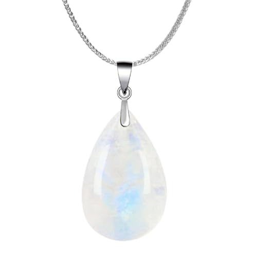 iSTONE 925 Sterling Silver Natural Crytral for Womens Pendant Necklace, Gemstone Birthstone with 17.8" Silver Chain Ladies - color: Moon Stone-teardrop