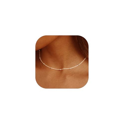 FOCALOOK Choker Necklace for Women, Double Layered Boho Beaded Choker Chain | Dainty 14K Gold Plated/Silver/Black Metal, Simple Small Satellite Beaded Chain Necklace, Hypoallergenic for Everyday Wear - color: 02.Satellite Beads-Silver