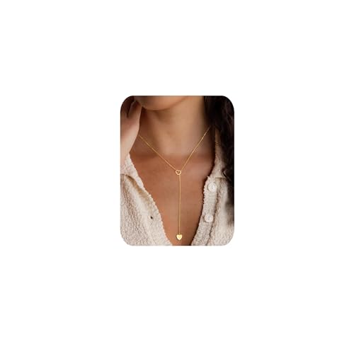 Yoosteel Long 14K-Gold-Plated Necklace for Women,Layered Lariat Necklaces | Dainty Y Drop Necklaces, Western Necklace Stack,Simple Bar Heart Circle Pendant,Prom Choker Chain Jewelry,Trendy Gifts - color: Heart Y-Shaped Necklace