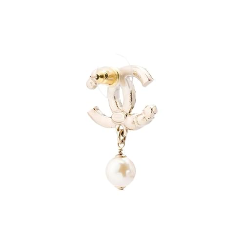 Gold Tone Curved Rhinestone Earrings with White Faux Pearl Drop Pendants for Women