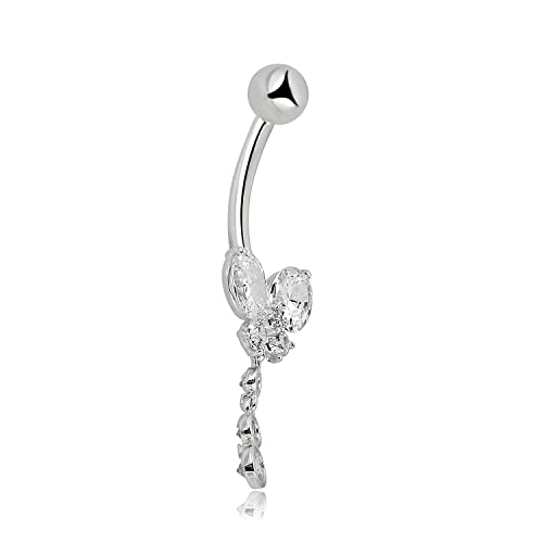 AVORA 10K Gold Simulated Diamond CZ Dangling Butterfly Belly Button Ring Body Jewelry (14 Gauge) - color: White Gold