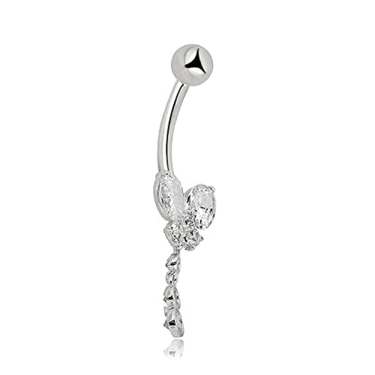 AVORA 10K Gold Simulated Diamond CZ Dangling Butterfly Belly Button Ring Body Jewelry (14 Gauge) - color: White Gold