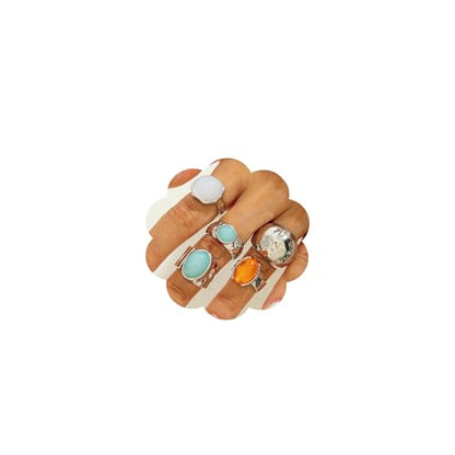 Chunky Gemstone Rings for Women Gold Silver Chunky Rings Set Adjustable Thick Statement Ring Trendy Fashion Silver Jewelry - style: ASilver