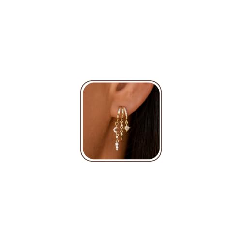 Dangle Gold Earrings for Women Trendy Triple Huggie Chain Earrings 14K Gold Plated Statement Cute Drop Dangle Earrings Dainty Hypoallergenic Chunky Hoop Earrings Fun Earring Stacks Jewelry - color: B-Star Moon Earrings