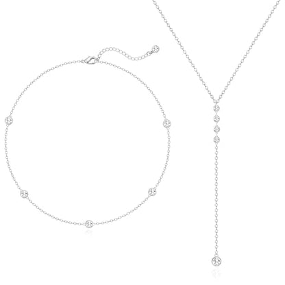 Zeffy Lariat Gold Necklace for Women, Dainty Long Necklace 14k Gold/Silver Plated Layered CZ Beaded Bar Chain Y-Shaped Body Chain Stack Drop Wedding Necklace Trendy Simple Gold Jewelry Gifts - color: Silver CZ Layered Y Necklace(2PCS)