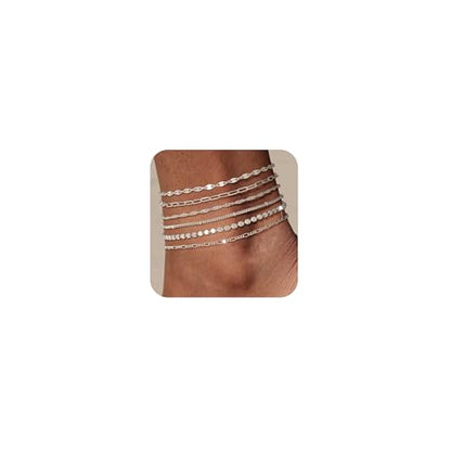 Tewiky Waterproof Ankle Bracelets for Women, 14K Real Gold Plated Anklets for Women 6PCS Anklet Set Dainty Summer Beach Jewelry - color: 6pcs dainty anklets