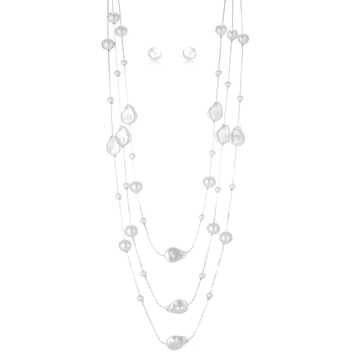 Errally Long Pearl Necklace and Earring Set Layered Pearl Beaded Necklaces for Women White Costume Jewelry Sets Gifts for Mom - color: Pear Shaped