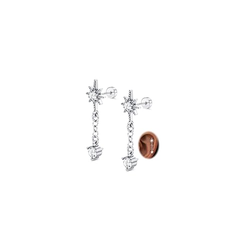 925 Sterling Silver Flat Back Stud Earrings for Women Hypoallergenic | 14K Gold Plated Cartilage Earrings for Sensitive Ears | Leaf Flower CZ Helix Tragus Piercing Jewelry - color: Silver-dangle
