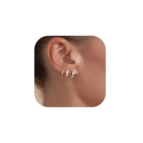 3 Pairs Huggie Hoop Earring Set 18K Gold Plated Cubic Zirconia Cartilage Earrings, Multi Piercings Ear Jacket Earring Climber Stud Earring for Women Everyday Earrings - color: 3 CZ Silver