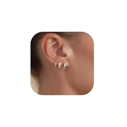 3 Pairs Huggie Hoop Earring Set 18K Gold Plated Cubic Zirconia Cartilage Earrings, Multi Piercings Ear Jacket Earring Climber Stud Earring for Women Everyday Earrings - color: 3 CZ Silver