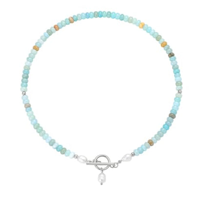 Dainty Turquoise Pearl Pendant Necklace 18K Gold Plated Bohemian Stone Pearl Choker Necklace for Women Dainty Natural Stone Choker Turquoise Beaded Necklace - color: Gold and Sliver