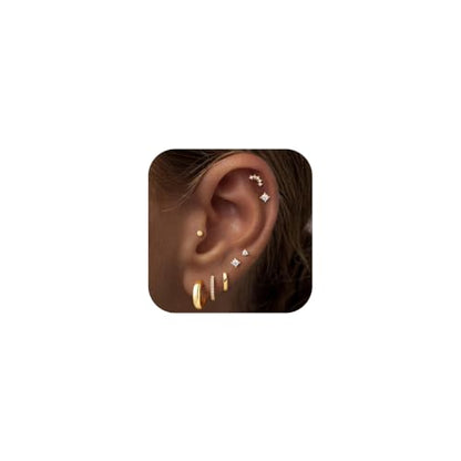 Turandoss 8 Pairs Gold Stud Hoop Earrings for Women | 14K Gold Plated Small Huggie Hoop Earrings, Flat Back Cartilage Earring Stacks Set, Multiple Piercing, Hypoallergenic - color: 14K Gold Plated