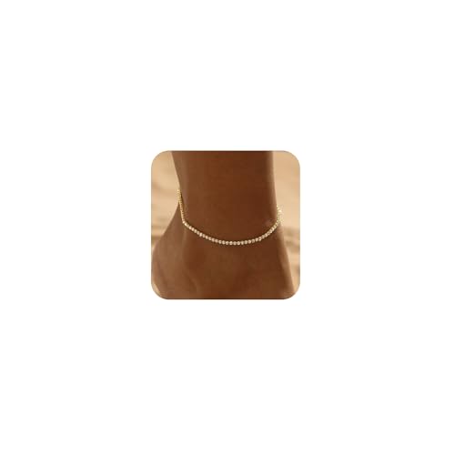 Gold/Silver Ankle Bracelets for Women Waterproof Dainty 14K Gold Plated Pearl Heart Love Anklet Bracelet Satellite Cuban Link Beads Summer Beach Jewelry Gifts - style: Zircon-gold-075