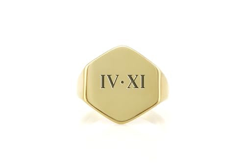 Personalized Roman Numbers Gold Ring - Engraved Initials Design - Custom Gold Signet - Unisex Jewelry