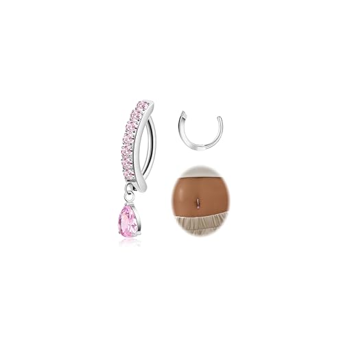 14G G23 Titanium Clicker Belly Button Ring for Women - Teardrop CZ Dangle Curved Reverse Barbell Navel Piercing - Hypoallergenic Jewelry - color: Pink