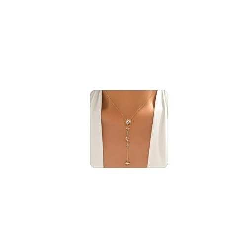 Lariat Necklaces for Women 18K Gold Plated Cubic Zirconia Heart Necklaces Dainty Star Lightning Sun and Moon Necklace Trendy Y Shaped Drop Diamond Necklace - color: Sun Moon Star Lightning Y Necklace-Gold