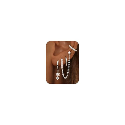 4 Pairs Small Hoop Earrings for Women 14K Gold Plated | Trendy Chain Drop Earrings Set, Hypoallergenic CZ Huggie Hoops, Lightweight Cartilage Earring Stacks - color: Silver Plated-pearl hoop