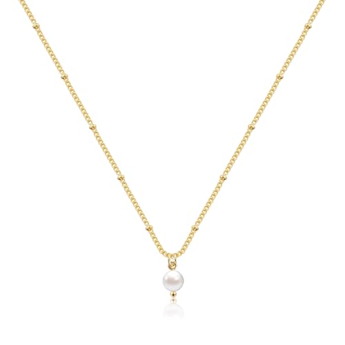 Pearl Necklaces for Women, Dainty Gold Necklace 14K Gold Plated Charm CZ Pearl Pendant Necklace Simple Gold Pearl Choker Necklaces for Women Trendy Wedding Womens Jewelry - color: satellite pearl necklace-gold