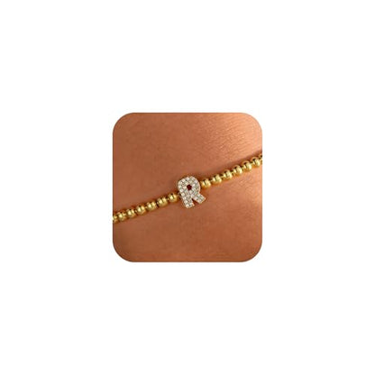 Zircon Initial Bracelet for Women - Never-Fade Personalized Jewelry, Dainty 14K Gold Plated Beaded Bracelets for Women Trendy Letter A-Z Personalized Jewelry Gifts - color: R