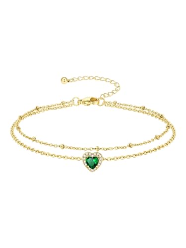 Richsteel Double Layer Heart/Butterfly Birthstone Anklet for Women | Non Tarnish Waterproof, Silver/Gold/Black Stainless Steel 8.5-10.5 Inch Adjustable Chain Anklets Summer Beach Foot Jewelry - color: Gold Heart-05 May(Emerald)
