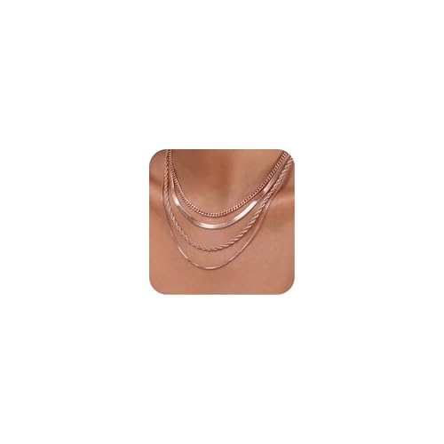 Tewiky Layered Necklaces for Women 14k Gold Plated Chain Necklace Set | Chunky Herringbone/Snake/Rope/Box/Cuban Link Chain for Women, Layering Stack Choker Necklace, Dainty Jewelry Set Non Tarnish - color: 4 Layered Necklace Rose Gold