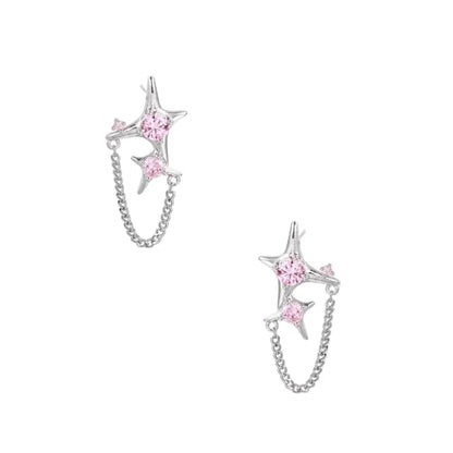 Celestial Charm Glow Stardust Chain Climber Earrings | White Gold Plated Brass, S925 Sterling Silver, Pink Cubic Zirconia, Chain Climber Design, Celestial Style, Evening Casual Wear | Fashion earrings for women