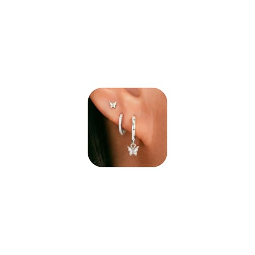 3 Pairs Earring Stacks, Gold Earring Set Jewelry Gift for Women | Small, 14K Gold/White Gold/Black/Rose Gold Plated, Hypoallergenic, Her, Everday, Stackable, Simple, 3 Holes - color: Silver-Butterfly