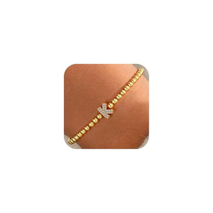 Zircon Initial Bracelet for Women - Never-Fade Personalized Jewelry, Dainty 14K Gold Plated Beaded Bracelets for Women Trendy Letter A-Z Personalized Jewelry Gifts - color: K