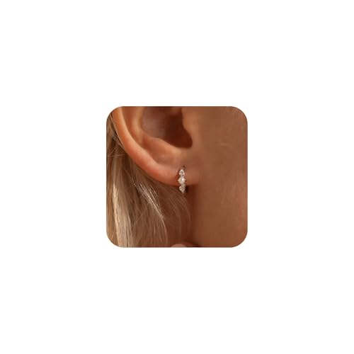 Gold Opal Huggie Earrings for Women, Minimalist Small Hoop Earrings with Zircons - color: silver B