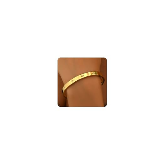 Gold Bangle for Women 18K Gold Plated Bamboo Heart Star Labyrinth Bangle Bracelets Dainty Stainless Steel Jewelry Gifts - color: North Star Bangle-Gold