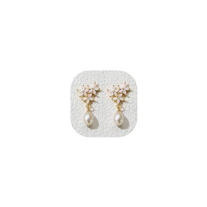 Crysdue Simulated Pearl Earrings for Women, Dainty Silver/Gold/Rose Gold Plated Cubic Zirconia Drop Dangle Earrings Wedding Jewelry for Bride Bridesmaid - style: M_CZ+ pearl, Gold
