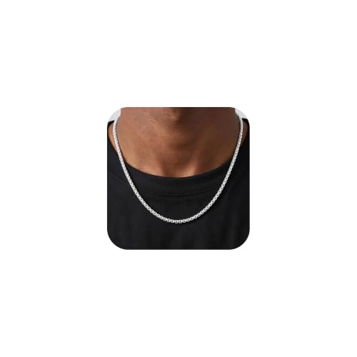 HIMSTORY Silver Chain for Men 5mm/6mm Sterling Silver Over Round Box Chain | Diamond Cut Box Chain Silver Necklace Gifts for Men Father Husband 18/20/22/24/26 Inches