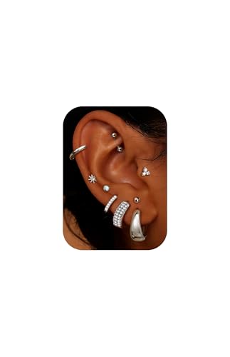 Nunpag 9 Pairs Hypoallergenic 14K Gold Plated Flat Back Earrings for Women Studs Earring Opal Ball Triangular Sun CZ Stones Hoop Earrings Stainless Steel Jewelry Gift for Sensitive Ears - color: 9Pcs-Silver