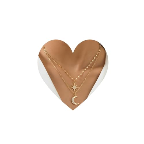 2 Pieces Celestial Layered Necklace Set, Gold-Plated Star and Moon Pendants with Crystal Accents, Dainty Chain