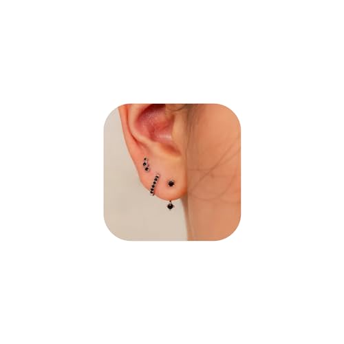 3 Pairs Huggie Hoop Earring Set 18K Gold Plated Cubic Zirconia Cartilage Earrings, Multi Piercings Ear Jacket Earring Climber Stud Earring for Women Everyday Earrings - color: Silver Black Cubic Zirconia Hoop