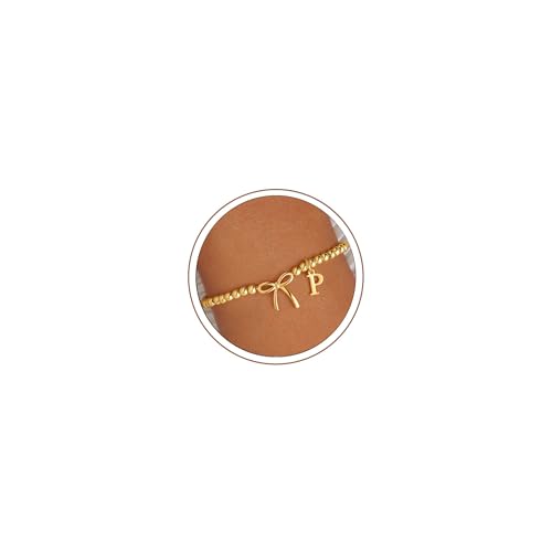 M MOOHAM Bow Initial Bracelets for Women Girls, Letter A-Z Beaded Bracelet | 14K Gold Plated, Bow Bracelets for Girls, Gold Bracelet, Beaded Initial Bracelet, Birthday Gift for Teen Girl Jewelry - color: P