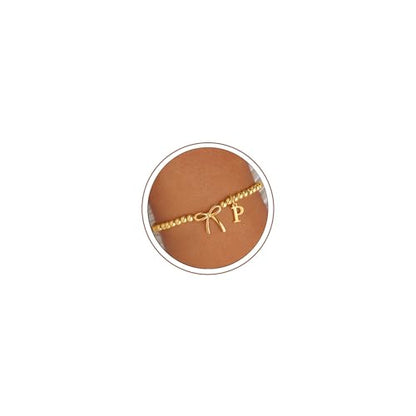M MOOHAM Bow Initial Bracelets for Women Girls, Letter A-Z Beaded Bracelet | 14K Gold Plated, Bow Bracelets for Girls, Gold Bracelet, Beaded Initial Bracelet, Birthday Gift for Teen Girl Jewelry - color: P