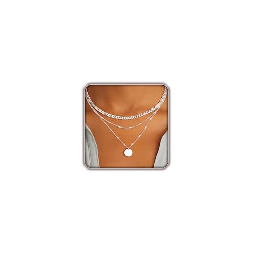 Layered Gold Necklace for Women Trendy,14K Gold Plated Dainty Stackable Cuban Link Herringbone Paperclip Chain Diamond/Coin/Cross/Tag/Mobius Pendant Necklace Set Fashion Jewelry Christmas Gifts - color: Silver Minimalist Dot