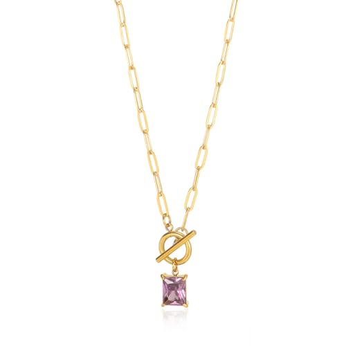Diamond Necklaces for Women Natural Stone Paperclip Toggle Necklace 14K Gold Plated Emerald Birthstone Necklace for Women Paper Clip Chain Blue Green Cubic Zirconia Pendant Birthday Gifts for Women Mother Jewelry - color: 02. February(Amethyst)