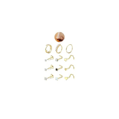 JeryWe Nose Rings for Women - 14K Gold Filled Hypoallergenic Surgical Steel Nose Ring Hoops CZ Lip Ring Screw L Shaped Studs Threadless Flat Back Stud Nose Piercings Jewelry for Women Men - style: 14K Gold Filled-AB CZ