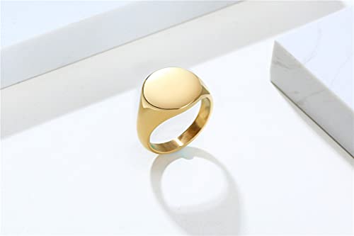 HIJONES Mens Stainless Steel Signet Ring Matte Brushed Square | Simple Statement ,Wedding Band,Polished Round - color: 14mm-Gold