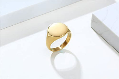HIJONES Mens Stainless Steel Signet Ring Matte Brushed Square | Simple Statement ,Wedding Band,Polished Round - color: 14mm-Gold