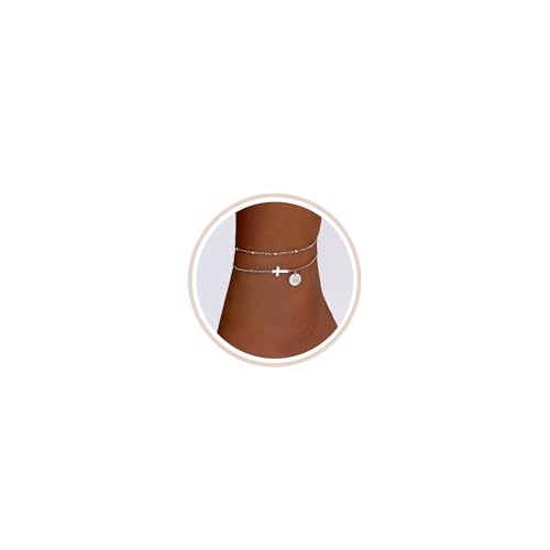 Gold Cross Ankle Bracelets for Women | Anklets for Women Waterproof with Initial Charm (A-Z) | Non Tarnish Summer Beach Jewelry Gifts for Her - color: Silver M
