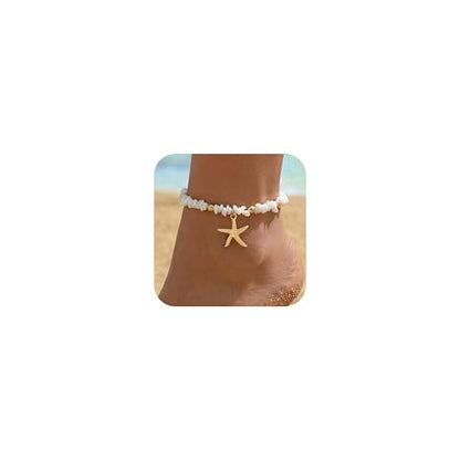Fesciory Shell Ankle Bracelets for Women, Gold Plated Boho Beach Anklet Set | Adjustable Pearl Bead Anklet Set with Starfish, Conch and Seashell Charms for Beach Outfits, Vacations, Parties and Gifts - color: Gold-9