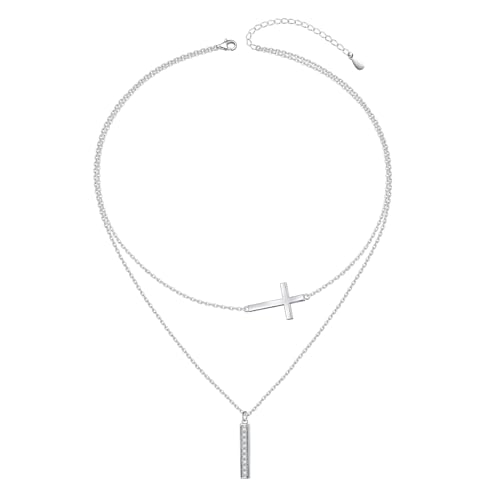 DAOCHONG S925 Sterling Silver Sideways Cross Choker Necklace 14+4 Inch | Adjustable Short Chain Elegant Accessory for Women Minimalist Faith Daily Stacking Jewelry Gift for Her - color: Silver-Layer Bar