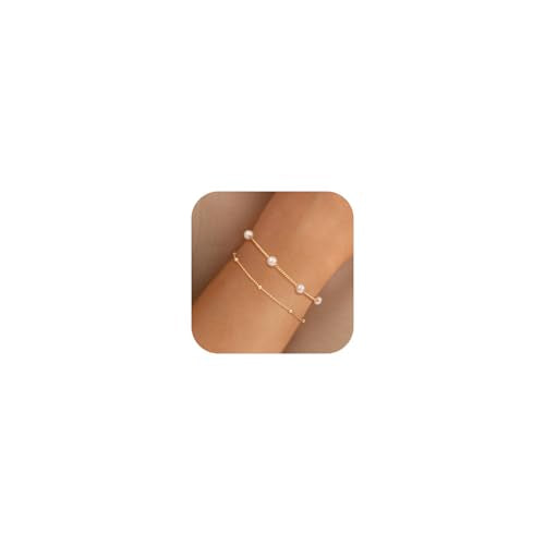 NECOCY 14K Gold Plated Pearl Bracelets for Women, Dainty Bracelets Stack Trendy Pearls Beaded Link Chain Charm Bracelets Set Layered Tiny Wedding Prom Jewelry Gift for Women Mother's Day Graduation - style: Style-1