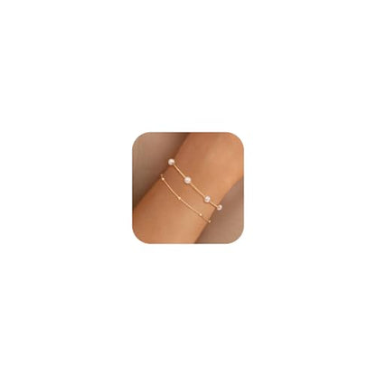 NECOCY 14K Gold Plated Pearl Bracelets for Women, Dainty Bracelets Stack Trendy Pearls Beaded Link Chain Charm Bracelets Set Layered Tiny Wedding Prom Jewelry Gift for Women Mother's Day Graduation - style: Style-1