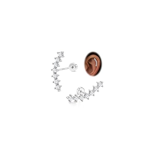 925 Sterling Silver Flat Back Stud Earrings for Women Hypoallergenic | 14K Gold Plated Cartilage Earrings for Sensitive Ears | Leaf Flower CZ Helix Tragus Piercing Jewelry - color: Silver-7cz