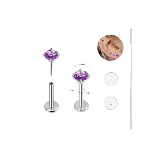 BelezaDosas G23 Titanium Labret Studs 16G Threadless Push-in Press Fit Lip Cluster Tragus Helix Lobe Conch Rook Medusa Cartilage Monroe Earring Push Back Piercing Jewelry - color: 18g6mm2.0 po pl