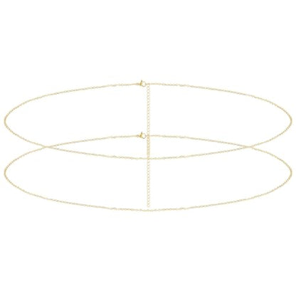 Yowivon Waist Chain for Women, 14K Gold Plated Body Chain, Dainty Cuban Layered Belly Beads Chains, Waterproof Adjustable Sexy Bikini Beach Jewelry Accessories Daily Belts Gifts - style: 2Pcs-Twisted & Bead